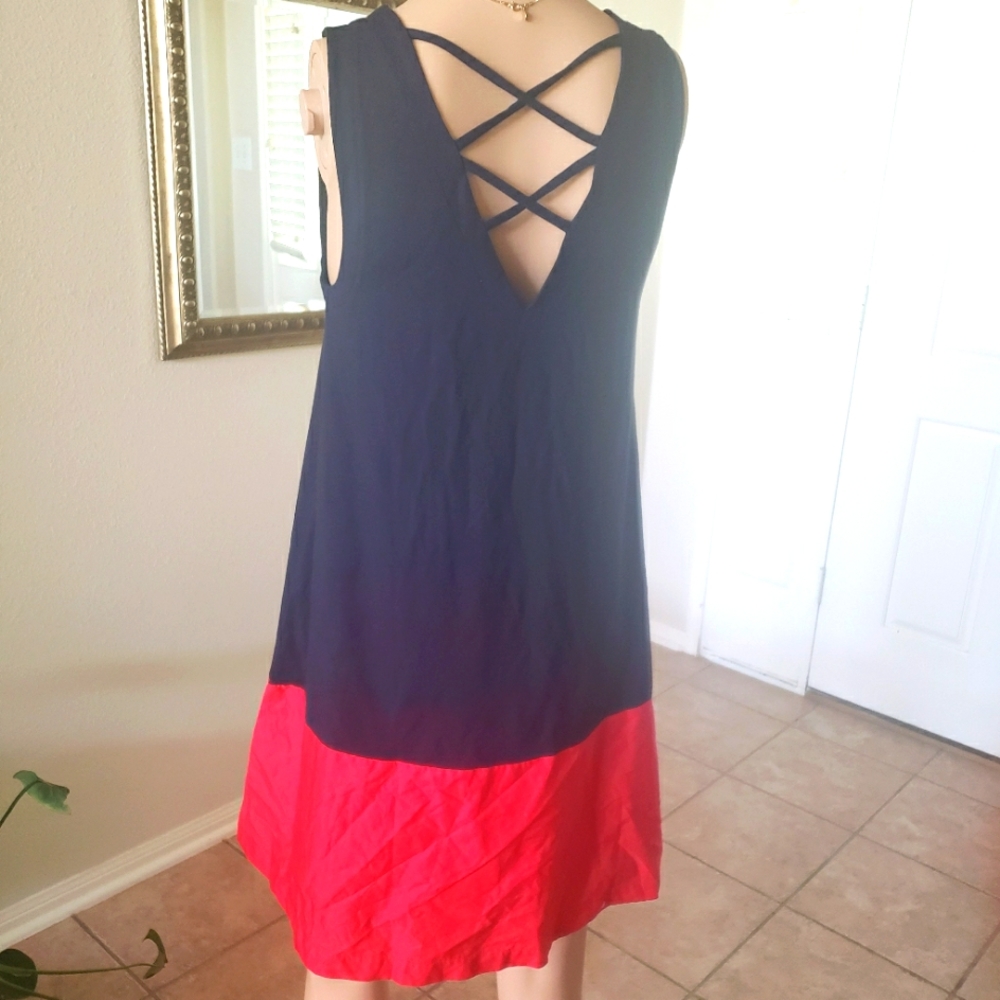 Loft xs mixed media swing dress double vneck caged back breezy slip on